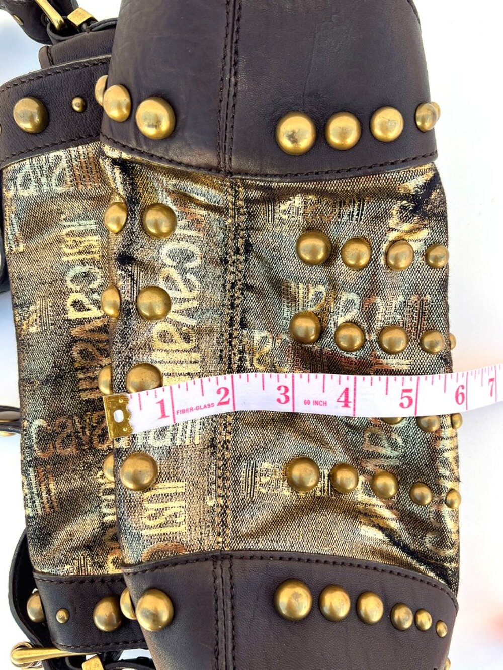 MINT CONDITION AUTHENTIC JUST CAVALLI GOLD BROCADE STUDS HOBO SHOULDER BAG - Picture 7 of 14